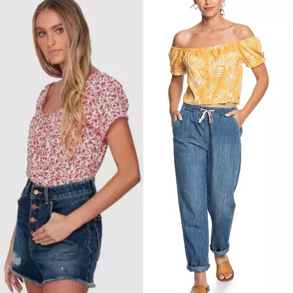 Roxy Crop Top Womens Large Midnight Magic Prairie Button Short Slv Blue Hawaiian - Picture 2 of 15